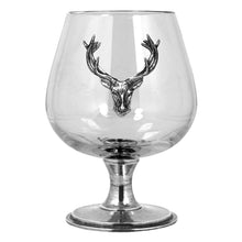 Load image into Gallery viewer, DOUBLE BRANDY GLASS SET WITH PEWTER STAG