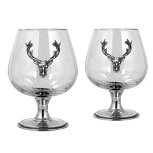 Load image into Gallery viewer, DOUBLE BRANDY GLASS SET WITH PEWTER STAG