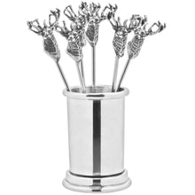 Load image into Gallery viewer, PEWTER COCKTAIL OR OLIVE PICKS WITH STAG DESIGN &amp; HOLDER (6 PICKS)