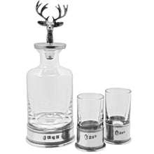 Load image into Gallery viewer, STAG HEAD PEWTER &amp; CRYSTAL MINI DECANTER SET WITH SHOT GLASSES