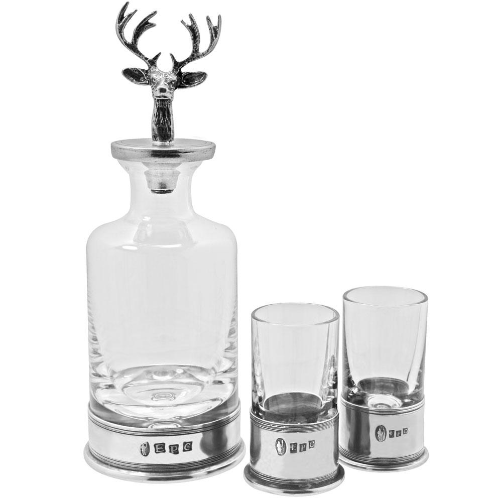 STAG HEAD PEWTER & CRYSTAL MINI DECANTER SET WITH SHOT GLASSES